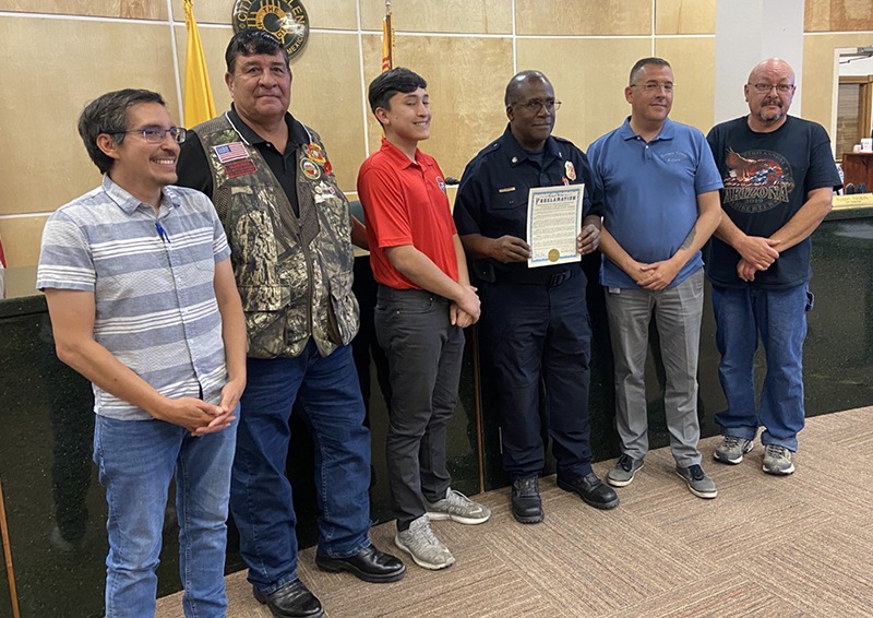 A proclamation was read and presented at Monday’s Belen City Council meeting in honor of the 100th anniversary of the Belen Fire Department. Pictured, from left, are Mayor Jerah Cordova, Councilors Frank Ortega and Danny Bernal Jr., BFD Fire Inspector Charles Cox and Councilors Robert Noblin and Ronnie Torres.