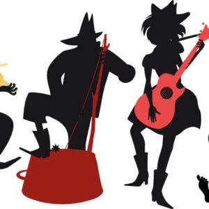 Country-western music band performing, EPS 8 vector black silhouette with multi-color instruments